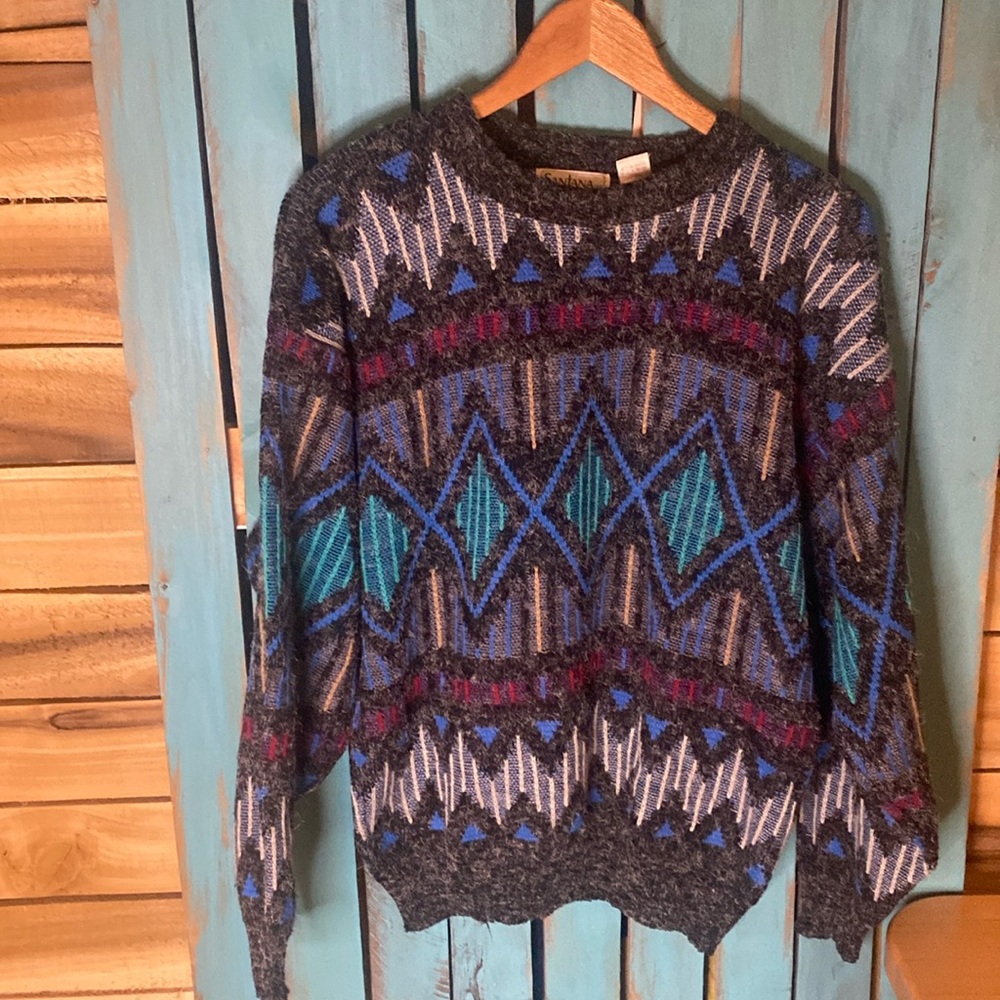 Vintage 80s Santana geometric pattern crewneck sweater size large black blue